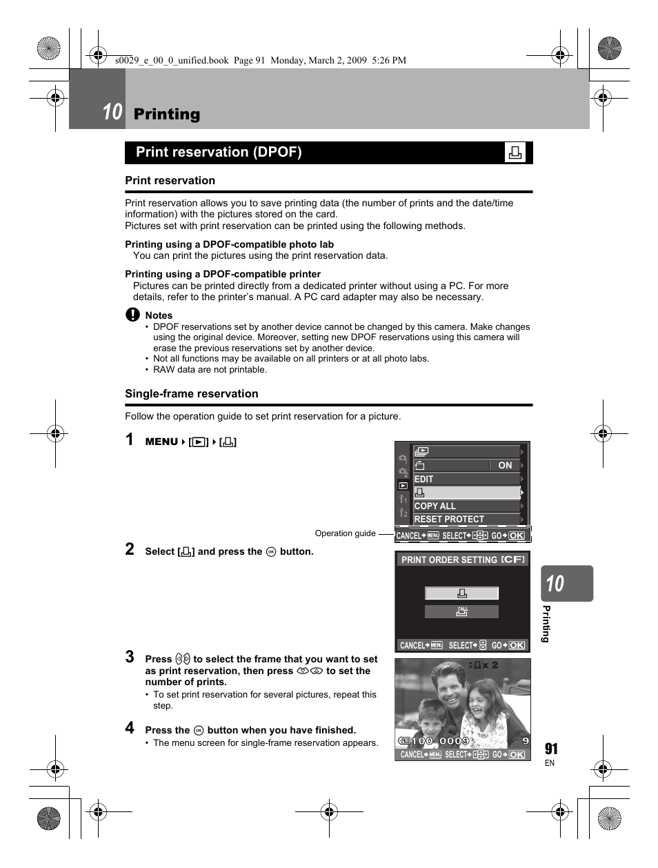 Printing, Print reservation (dpof) | Olympus E-450 User Manual | Page 91 / 140