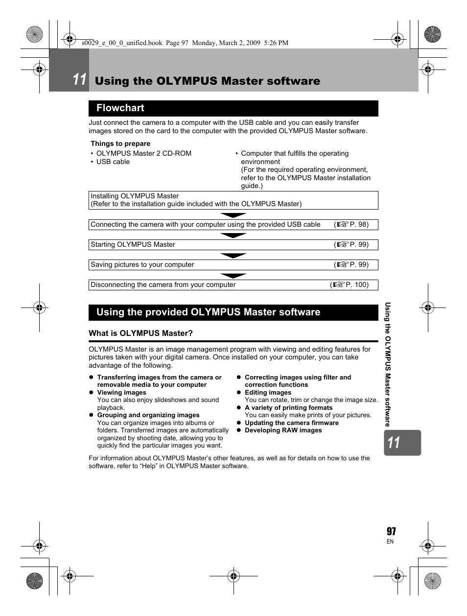 Using the olympus master software, Flowchart, Using the provided olympus master software | Olympus E-450 User Manual | Page 97 / 140