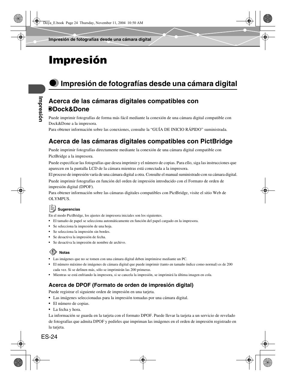 Impresión, Impresión de fotografías desde una cámara digital, Es-24 | Olympus P-S100 User Manual | Page 108 / 132