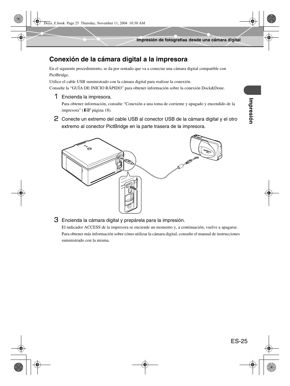 Conexión de la cámara digital a la impresora | Olympus P-S100 User Manual | Page 109 / 132