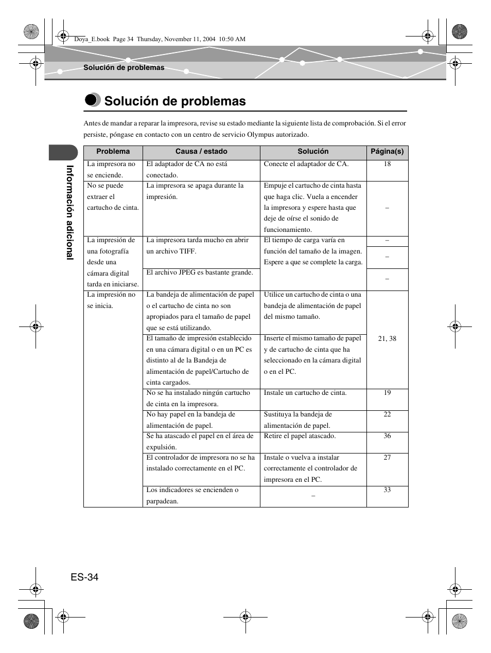 Solución de problemas, Es-34 | Olympus P-S100 User Manual | Page 118 / 132