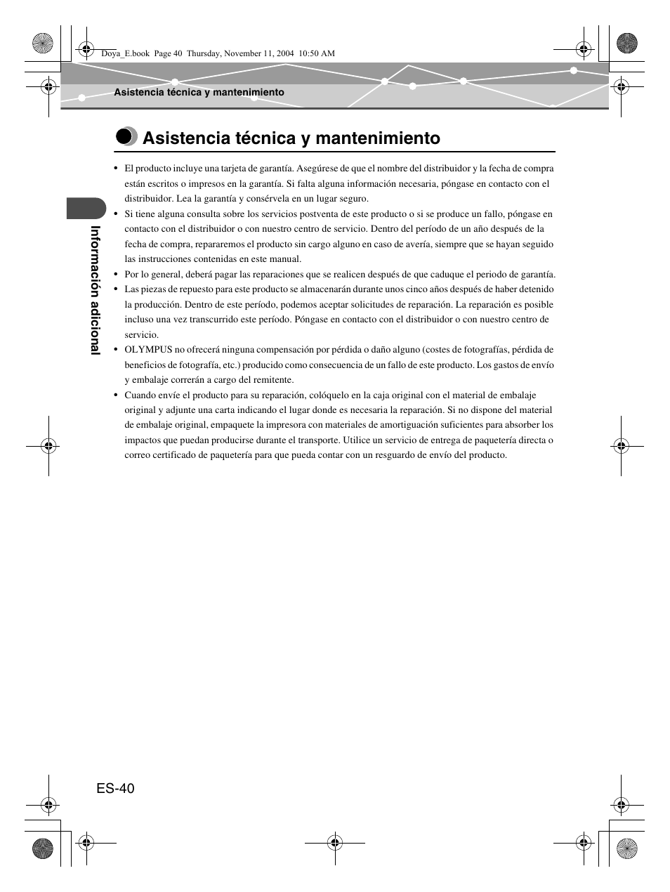 Asistencia técnica y mantenimiento, Es-40 | Olympus P-S100 User Manual | Page 124 / 132