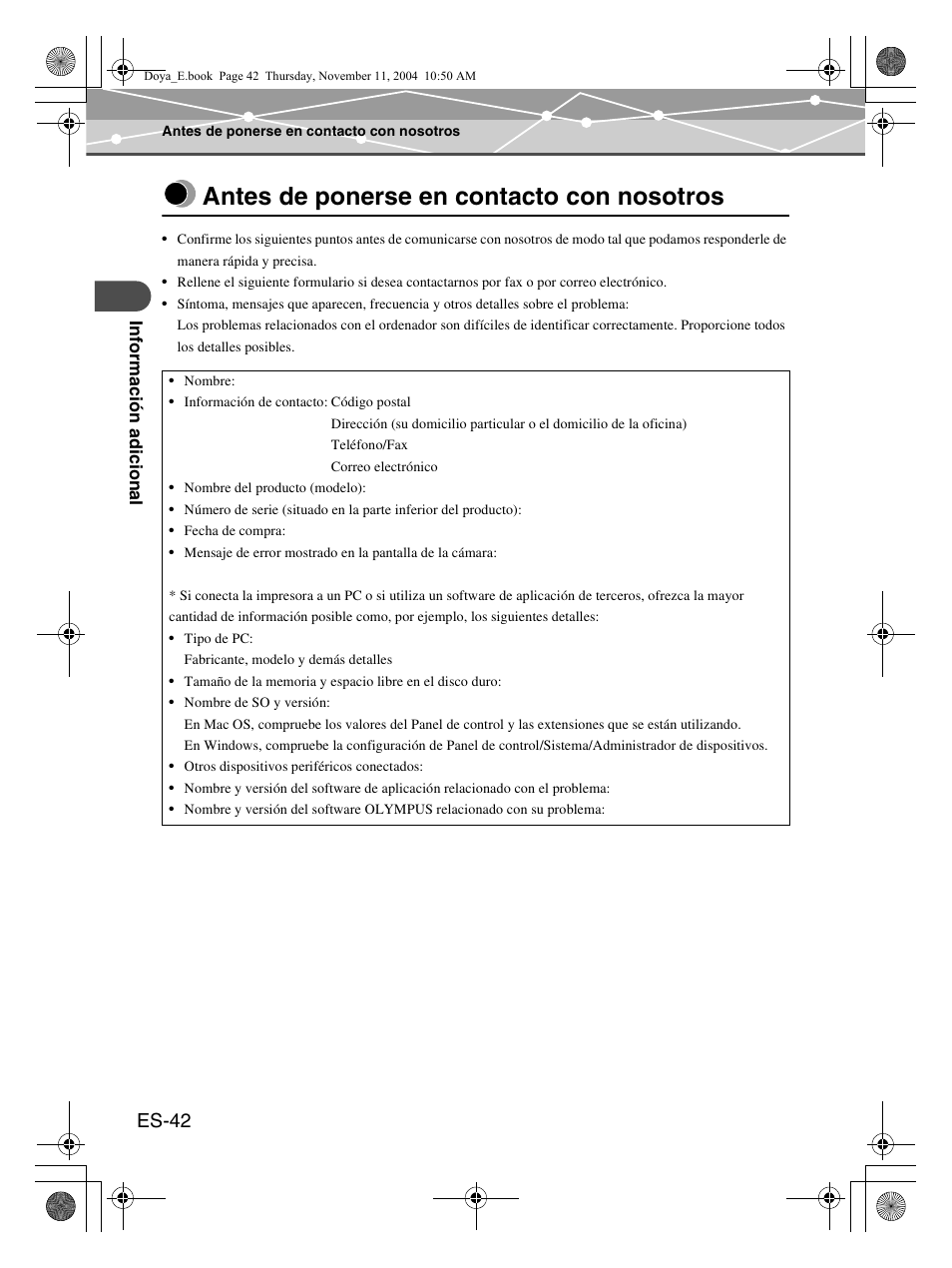 Antes de ponerse en contacto con nosotros, Es-42 | Olympus P-S100 User Manual | Page 126 / 132