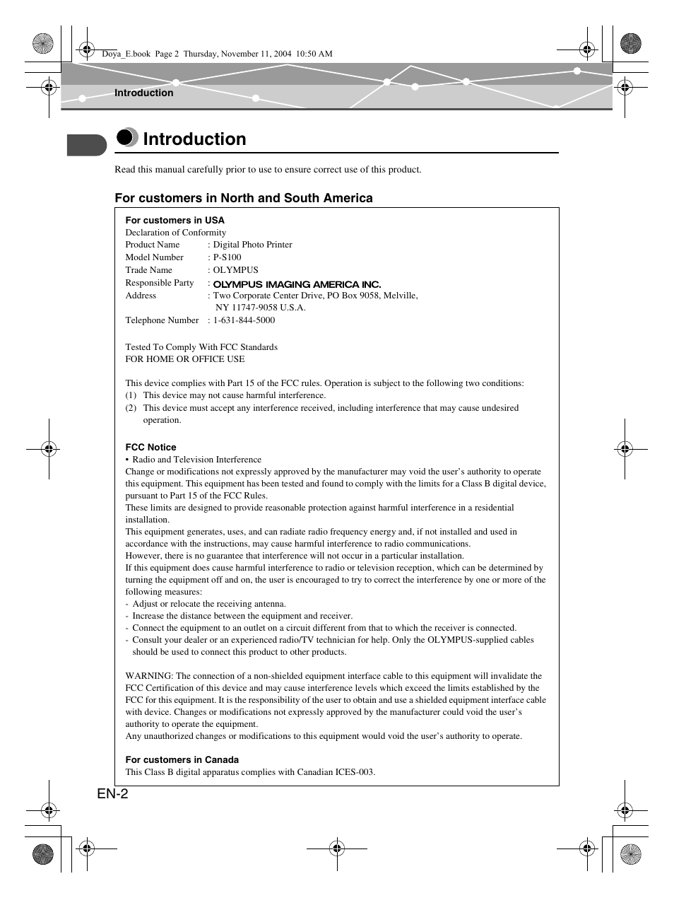 Introduction, En-2 | Olympus P-S100 User Manual | Page 2 / 132