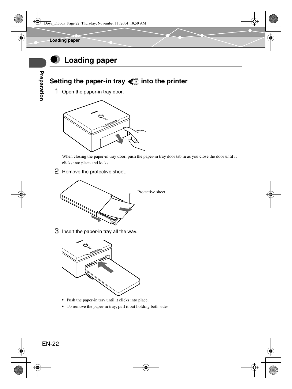 Loading paper, Setting the paper-in tray into the printer 1 | Olympus P-S100 User Manual | Page 22 / 132