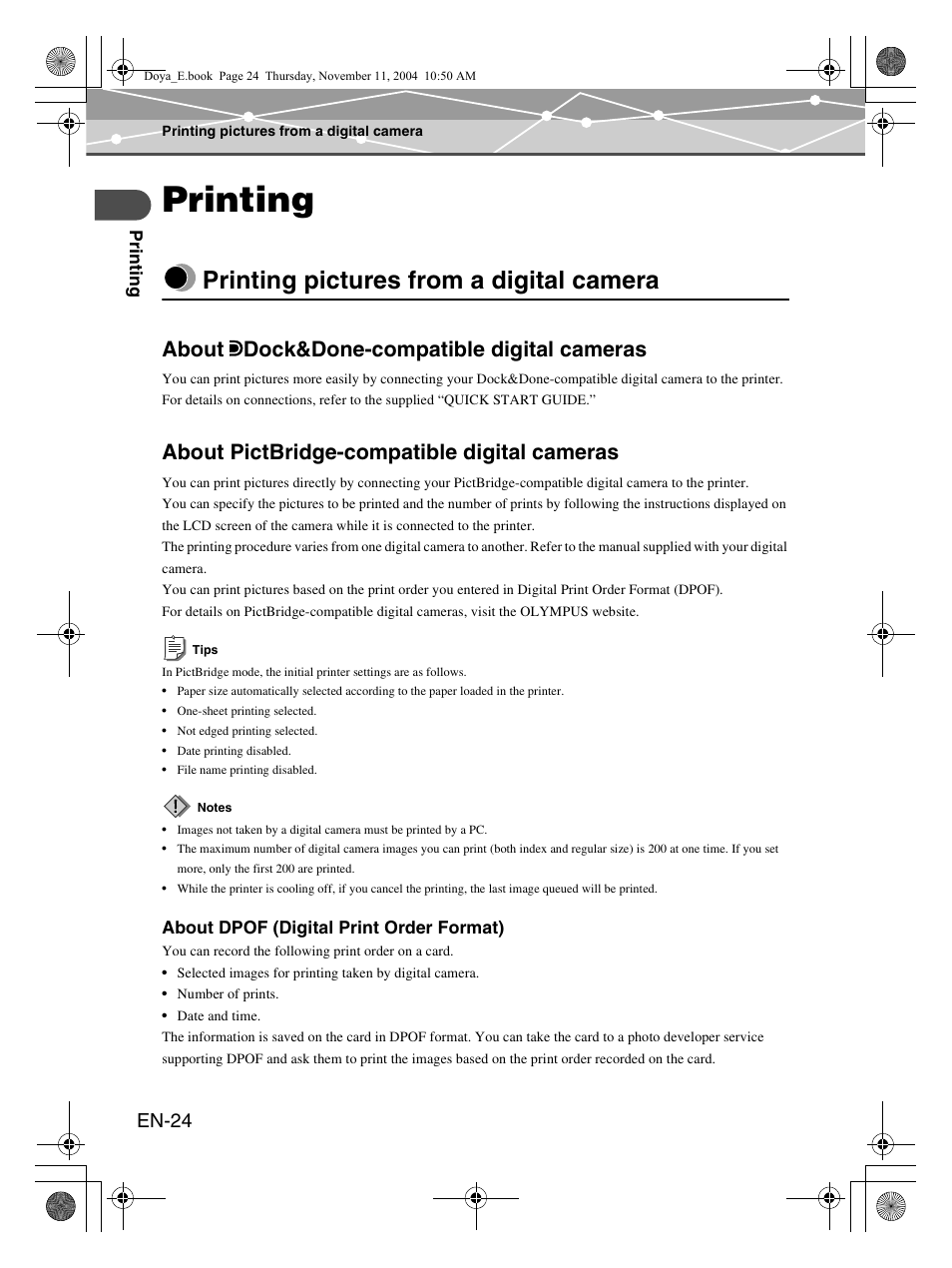 Printing, Printing pictures from a digital camera, About q dock&done-compatible digital cameras | About pictbridge-compatible digital cameras, En-24 | Olympus P-S100 User Manual | Page 24 / 132