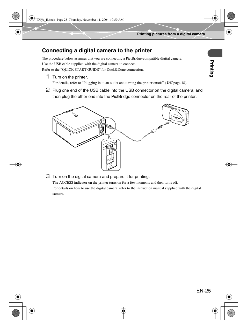 Connecting a digital camera to the printer | Olympus P-S100 User Manual | Page 25 / 132