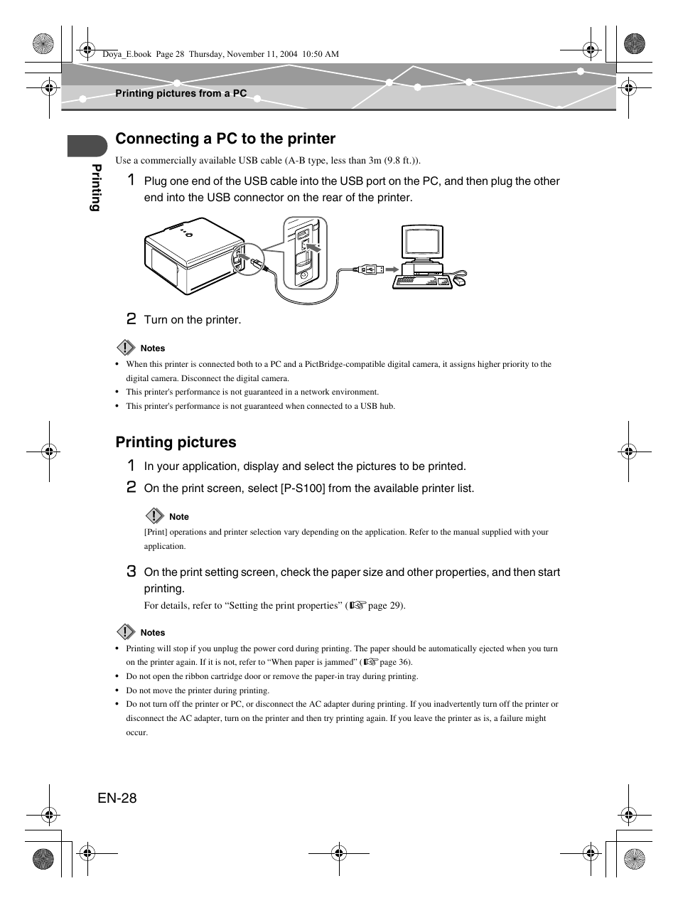 Connecting a pc to the printer, Printing pictures 1, En-28 | Olympus P-S100 User Manual | Page 28 / 132