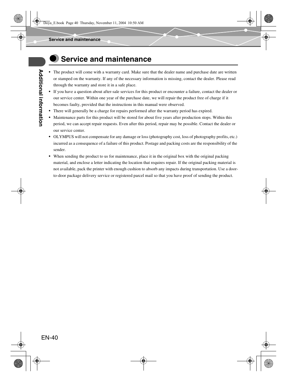 Service and maintenance, En-40 | Olympus P-S100 User Manual | Page 40 / 132