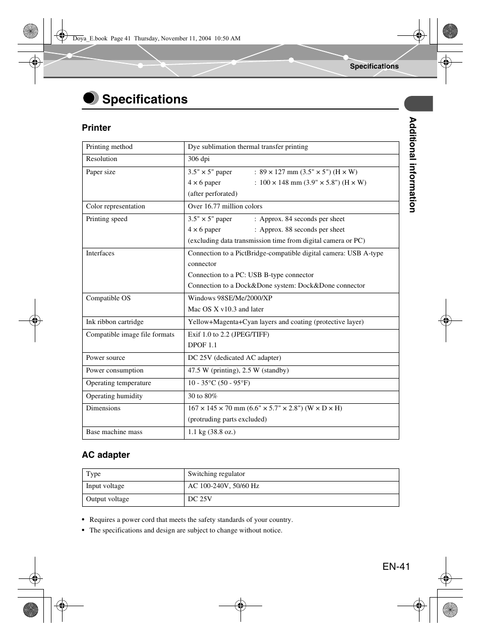 Specifications, En-41 | Olympus P-S100 User Manual | Page 41 / 132