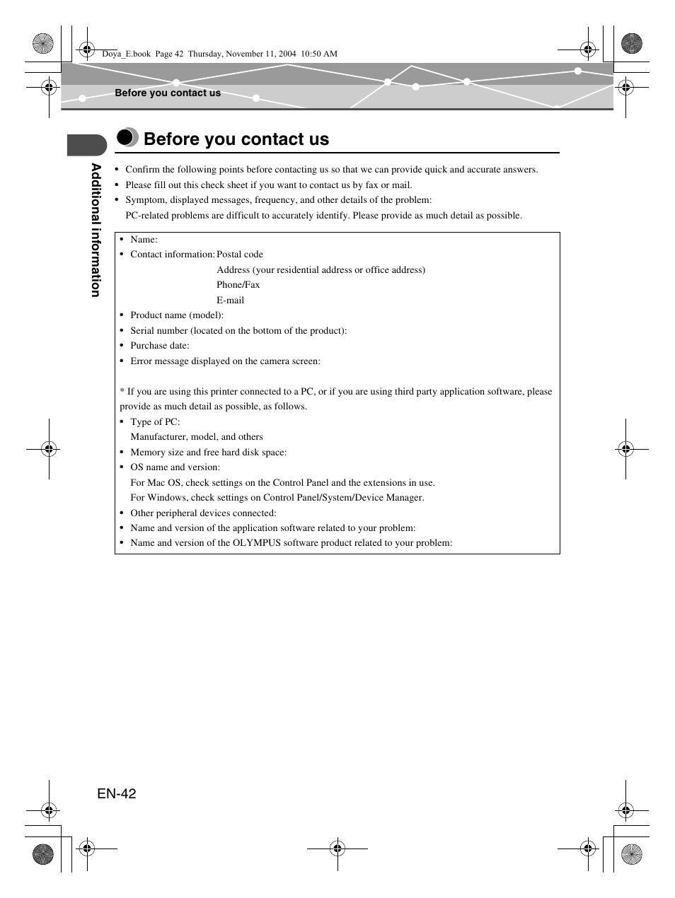 Before you contact us, En-42 | Olympus P-S100 User Manual | Page 42 / 132
