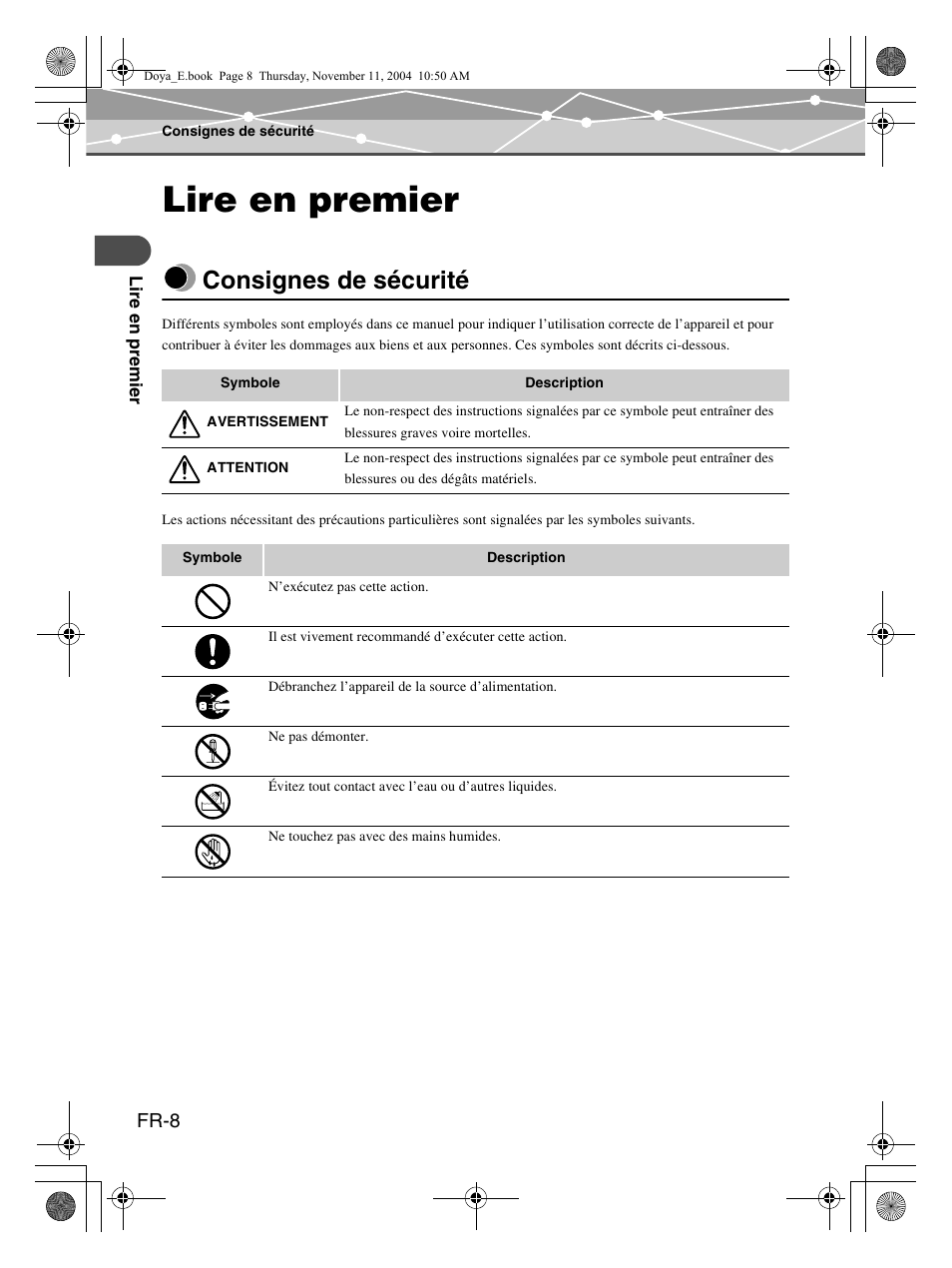 Lire en premier, Consignes de sécurité | Olympus P-S100 User Manual | Page 50 / 132