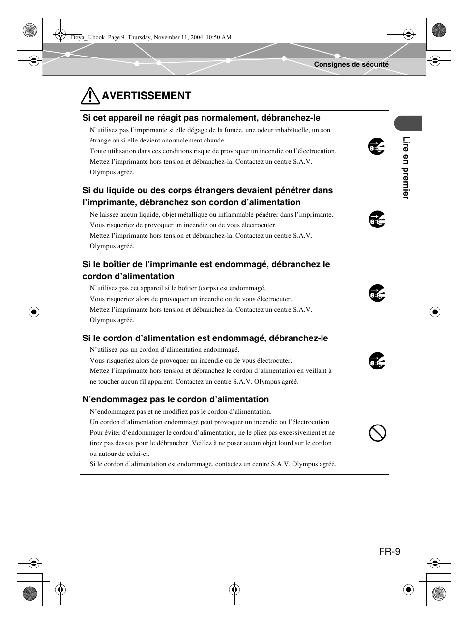 Avertissement, Fr-9 | Olympus P-S100 User Manual | Page 51 / 132