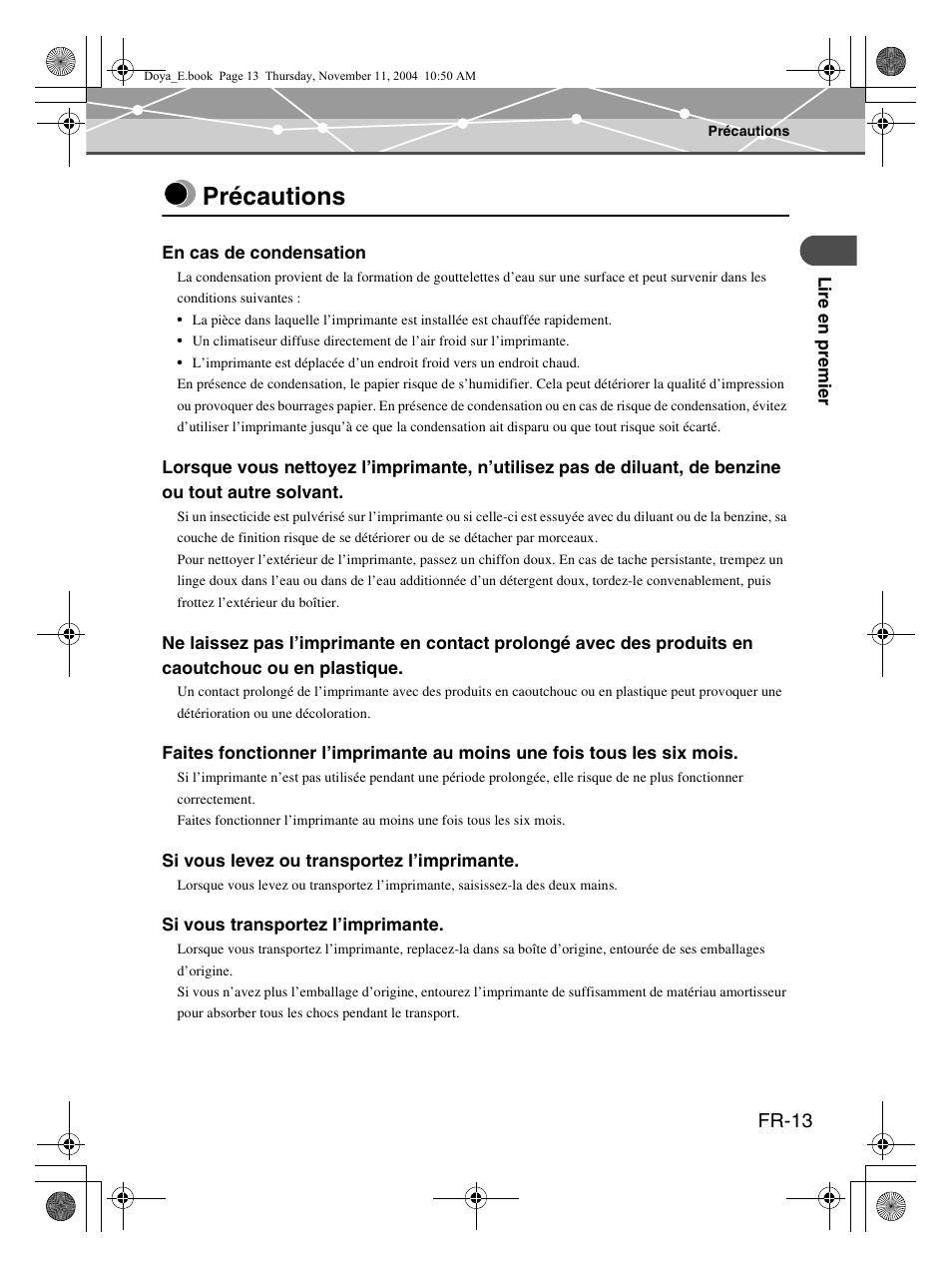Précautions, Fr-13 | Olympus P-S100 User Manual | Page 55 / 132