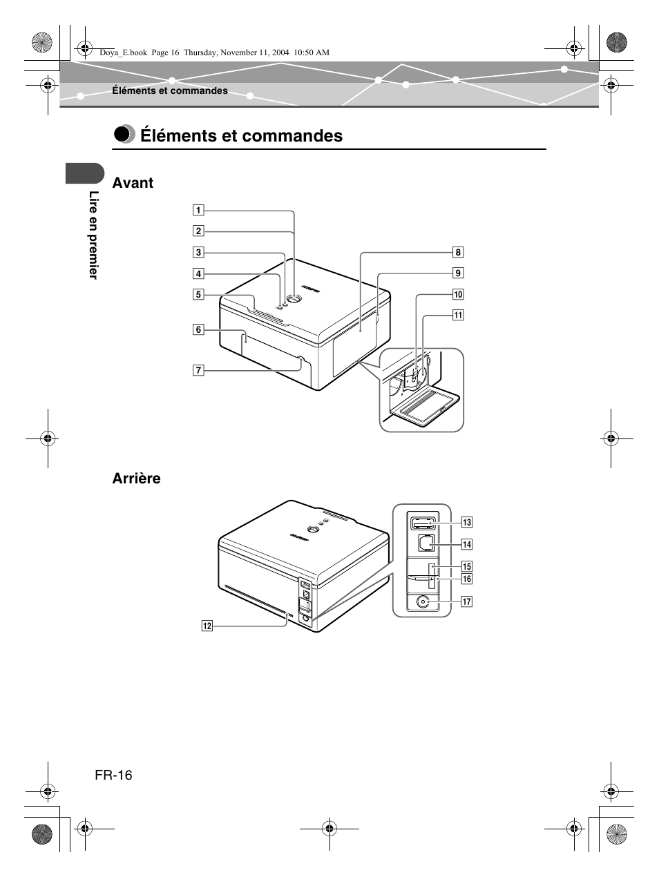 Éléments et commandes, Avant arrière, Fr-16 | Olympus P-S100 User Manual | Page 58 / 132