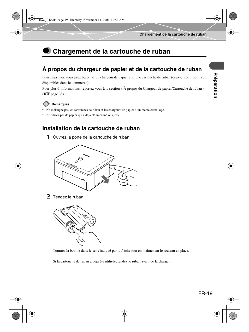 Chargement de la cartouche de ruban, Installation de la cartouche de ruban 1 | Olympus P-S100 User Manual | Page 61 / 132