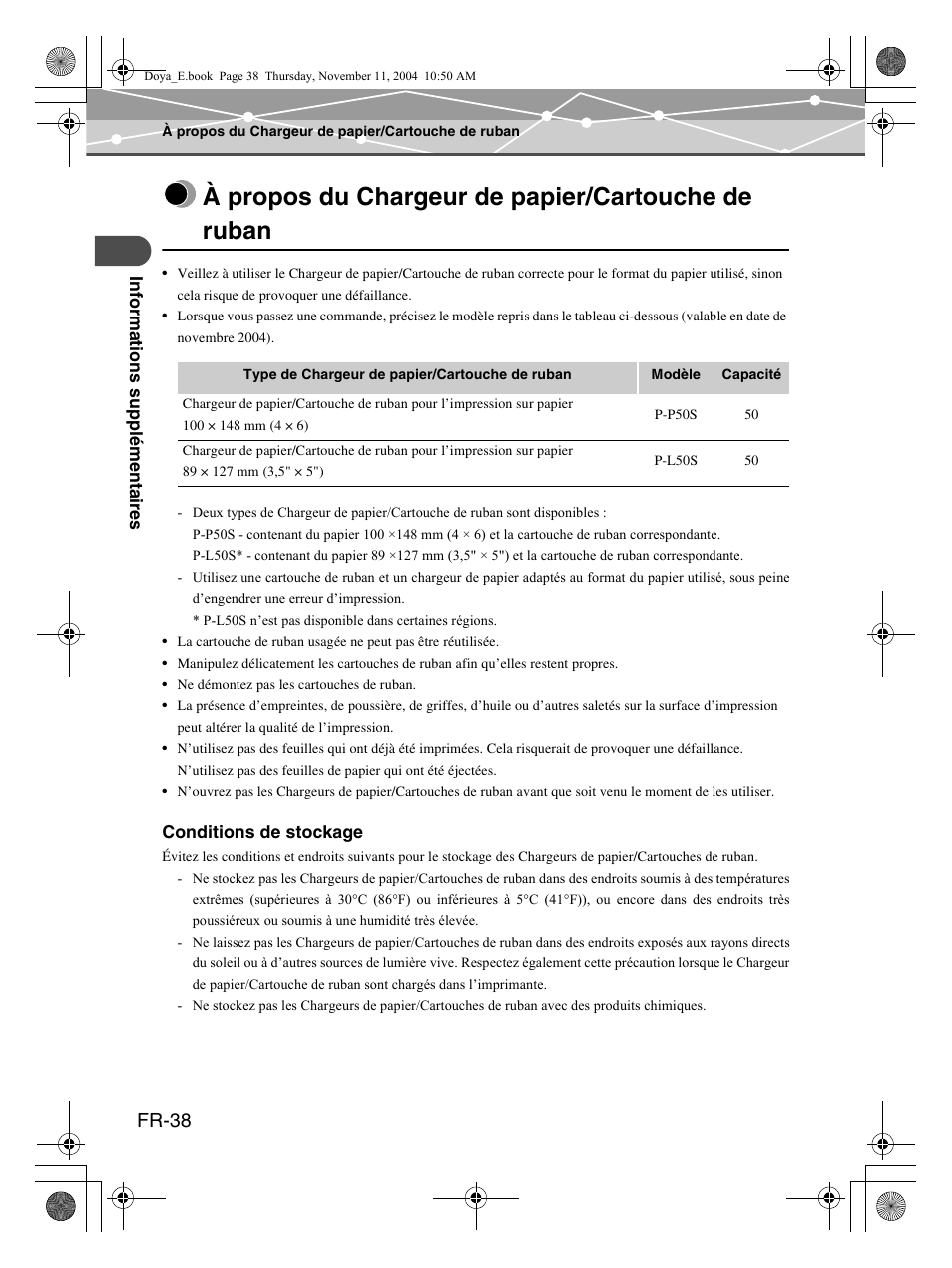 À propos du chargeur de papier/cartouche de ruban, Fr-38 | Olympus P-S100 User Manual | Page 80 / 132