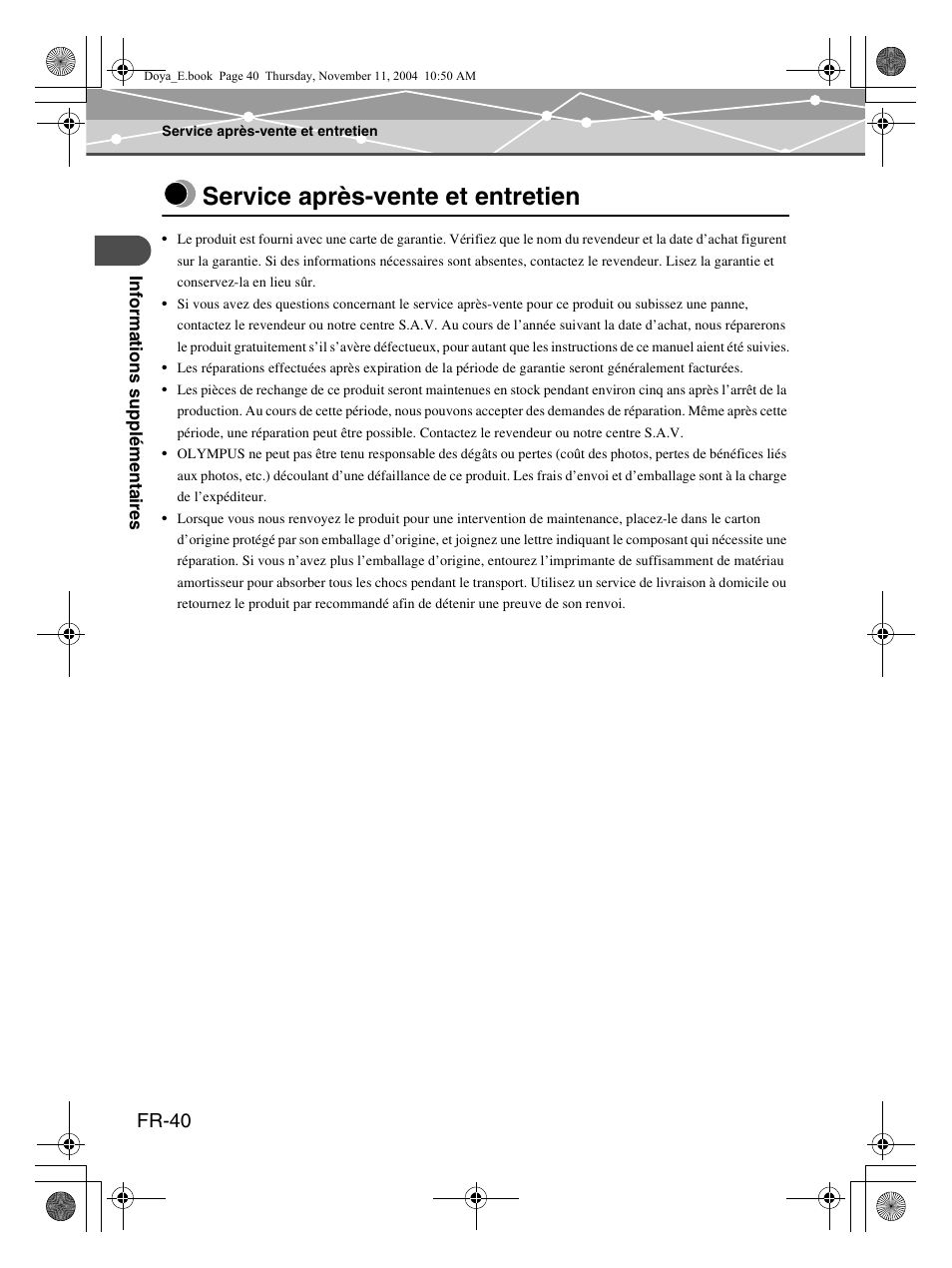 Service après-vente et entretien, Fr-40 | Olympus P-S100 User Manual | Page 82 / 132