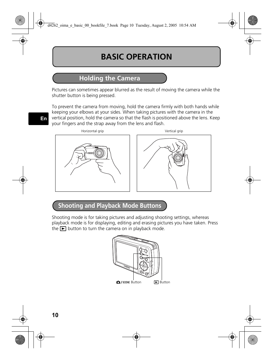 Basic operation, Holding the camera, Shooting and playback mode buttons | Olympus 600 User Manual | Page 10 / 84