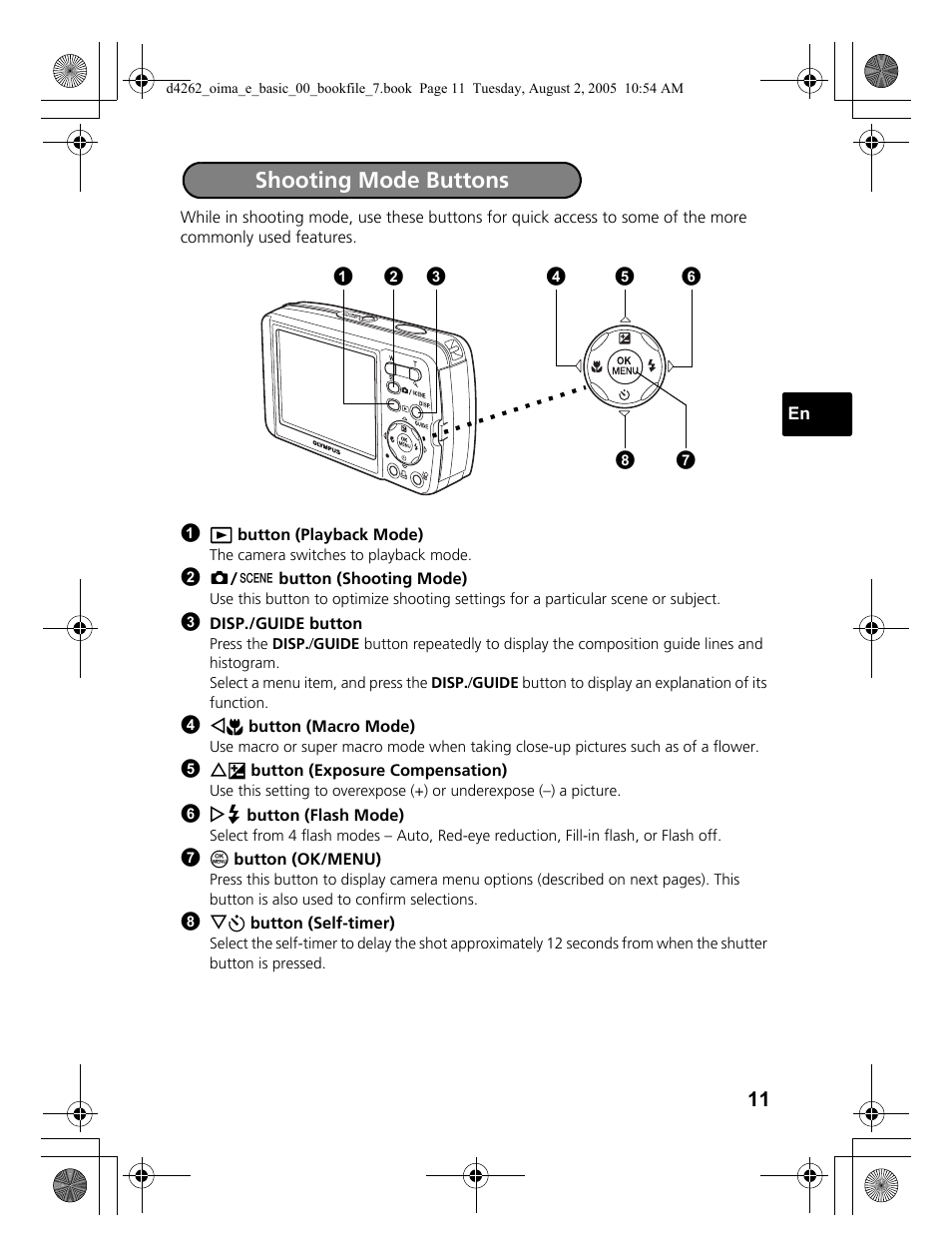 Shooting mode buttons | Olympus 600 User Manual | Page 11 / 84