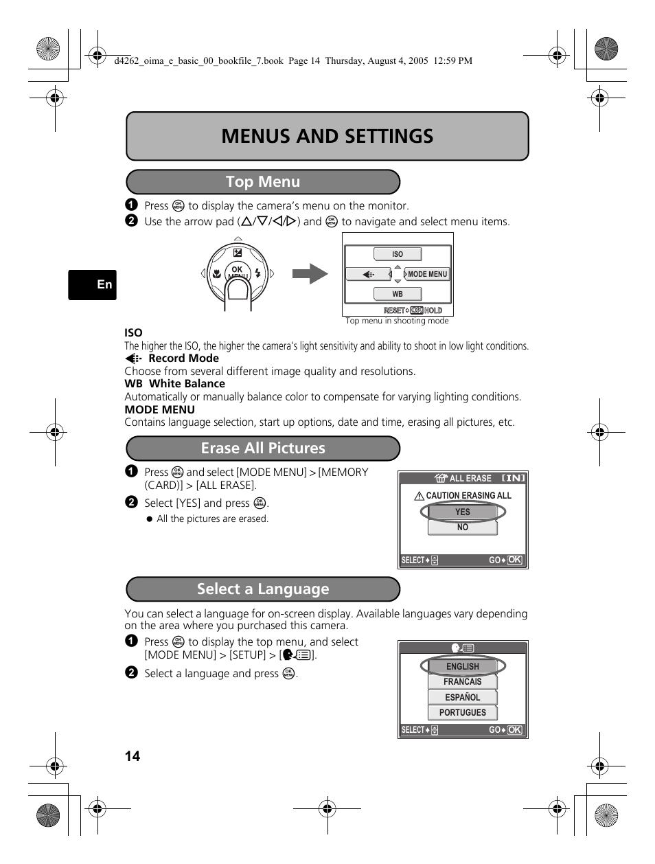 Menus and settings, Top menu, Erase all pictures | Select a language | Olympus 600 User Manual | Page 14 / 84