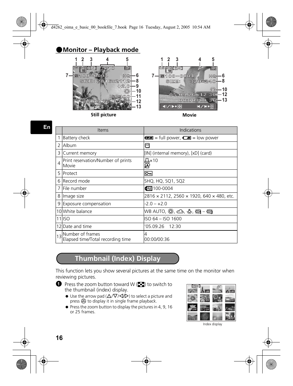 Thumbnail (index) display, Monitor – playback mode | Olympus 600 User Manual | Page 16 / 84