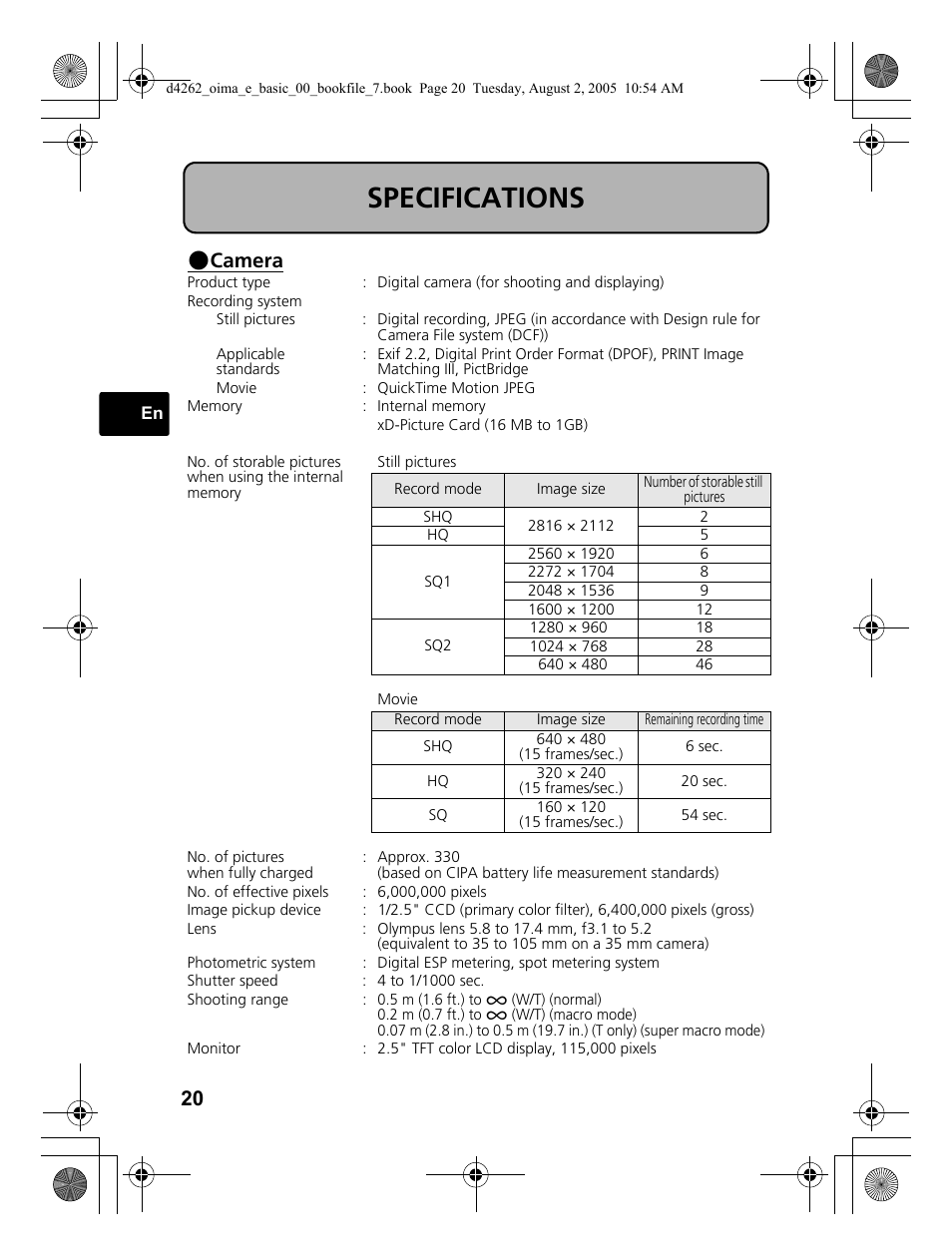 Specifications, Camera | Olympus 600 User Manual | Page 20 / 84