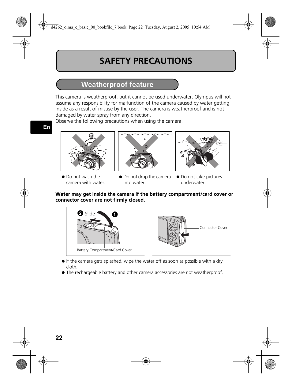 Safety precautions, Weatherproof feature | Olympus 600 User Manual | Page 22 / 84