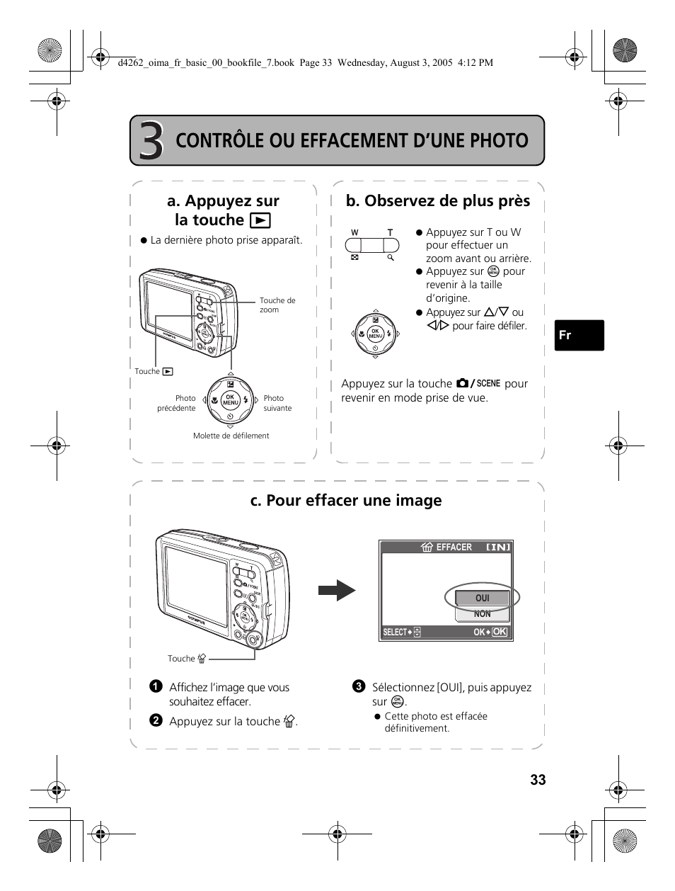 Contrôle ou effacement d’une photo, C. pour effacer une image | Olympus 600 User Manual | Page 33 / 84