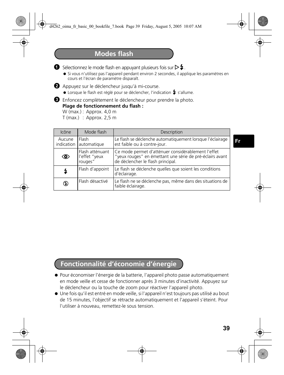 Modes flash fonctionnalité d’économie d’énergie | Olympus 600 User Manual | Page 39 / 84