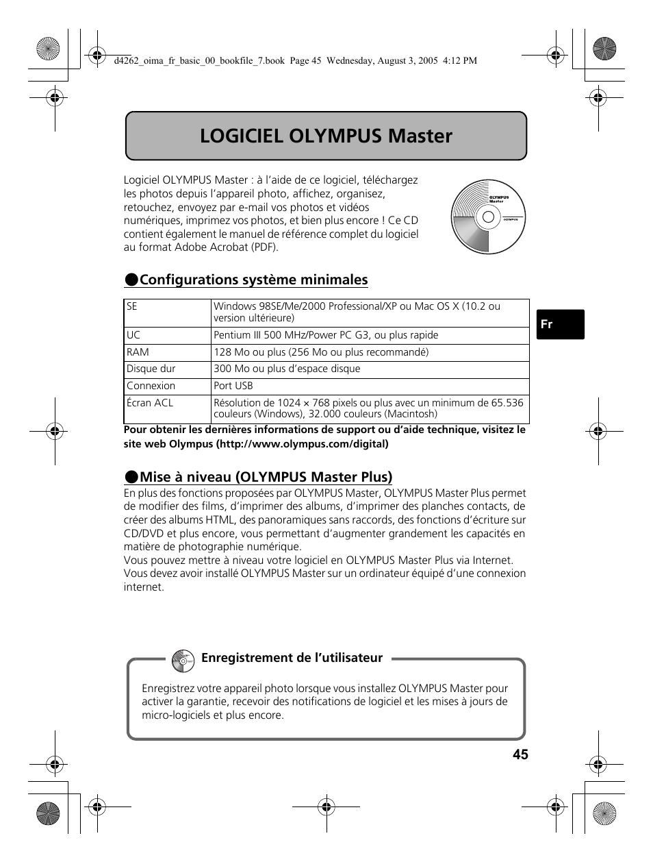 Logiciel olympus master, Configurations système minimales, Mise à niveau (olympus master plus) | Olympus 600 User Manual | Page 45 / 84