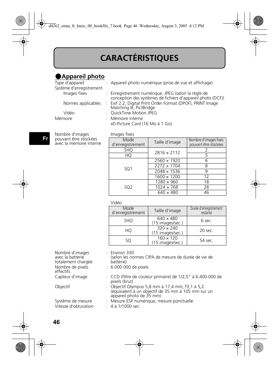 Caractéristiques, Appareil photo | Olympus 600 User Manual | Page 46 / 84