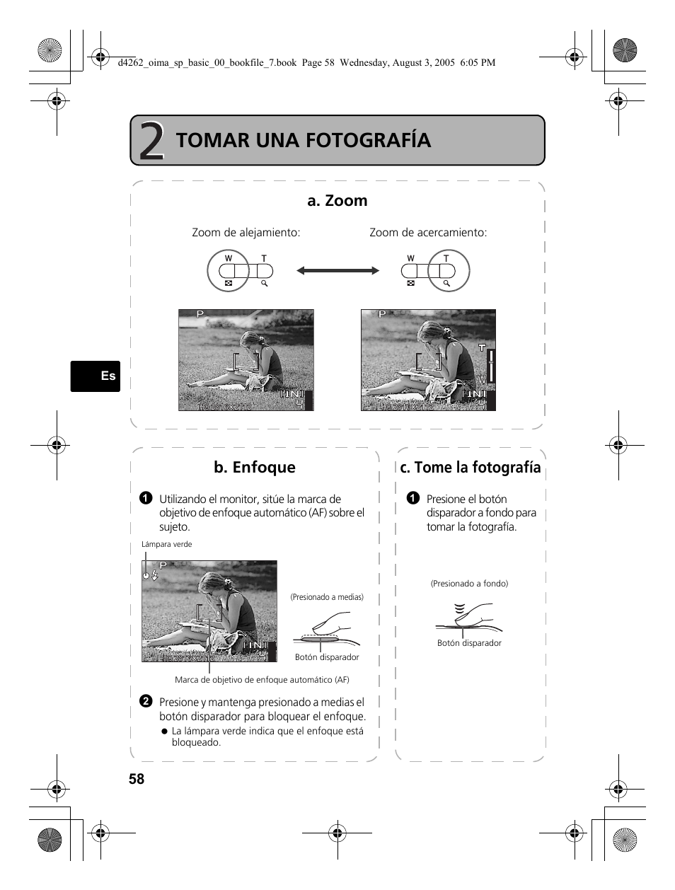 Tomar una fotografía, A. zoom, C. tome la fotografía | B. enfoque | Olympus 600 User Manual | Page 58 / 84