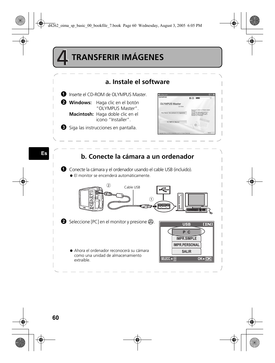 Transferir imágenes, A. instale el software, B. conecte la cámara a un ordenador | Olympus 600 User Manual | Page 60 / 84