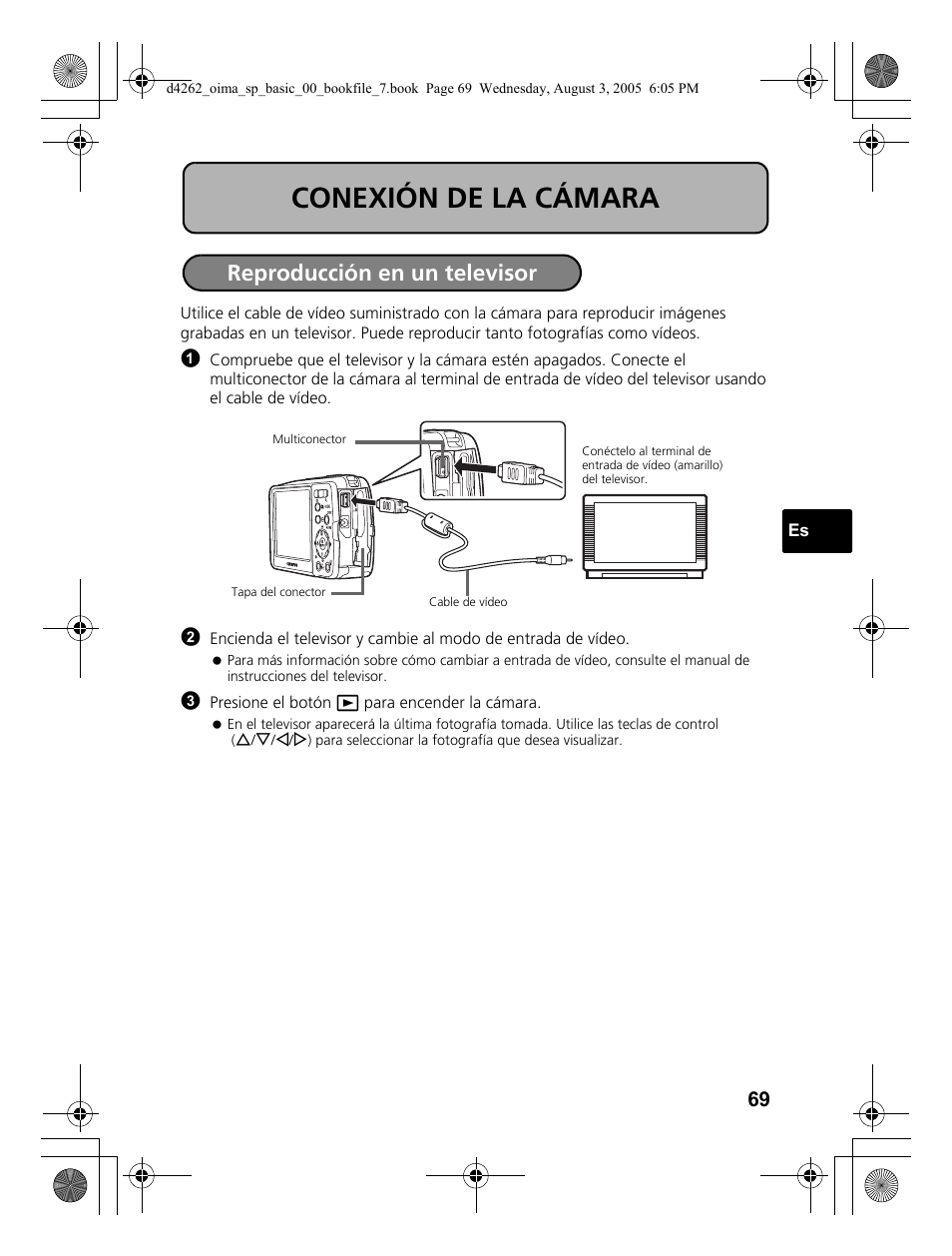 Conexión de la cámara, Reproducción en un televisor | Olympus 600 User Manual | Page 69 / 84