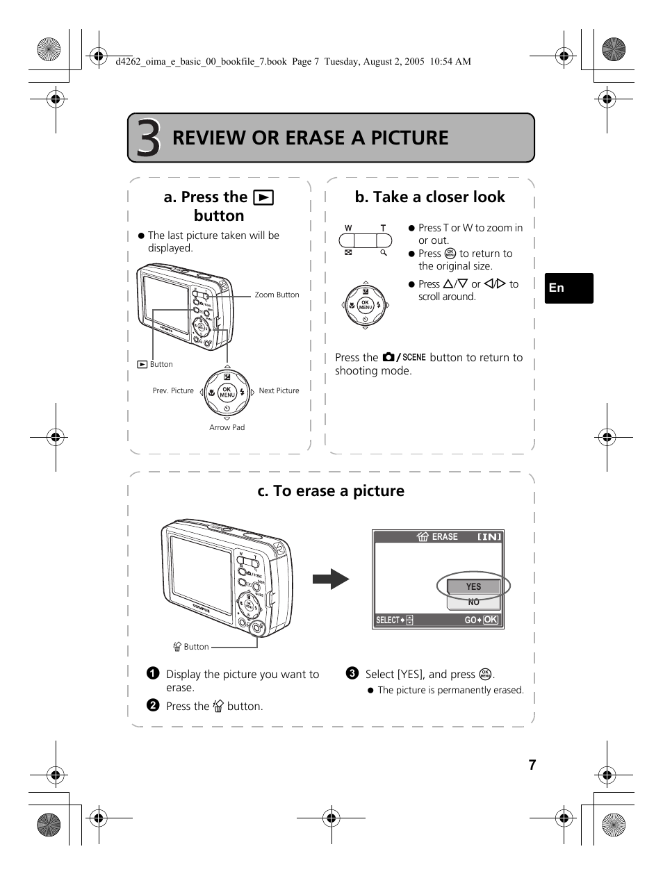 Step 3 review or erase a picture, Review or erase a picture, A. press the q button b. take a closer look | C. to erase a picture | Olympus 600 User Manual | Page 7 / 84