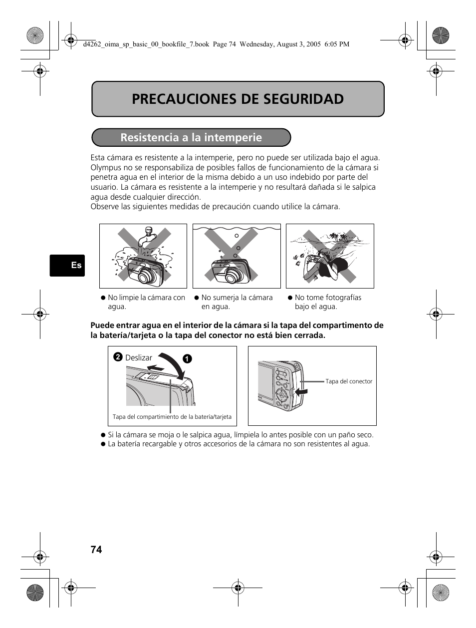 Precauciones de seguridad, Resistencia a la intemperie | Olympus 600 User Manual | Page 74 / 84
