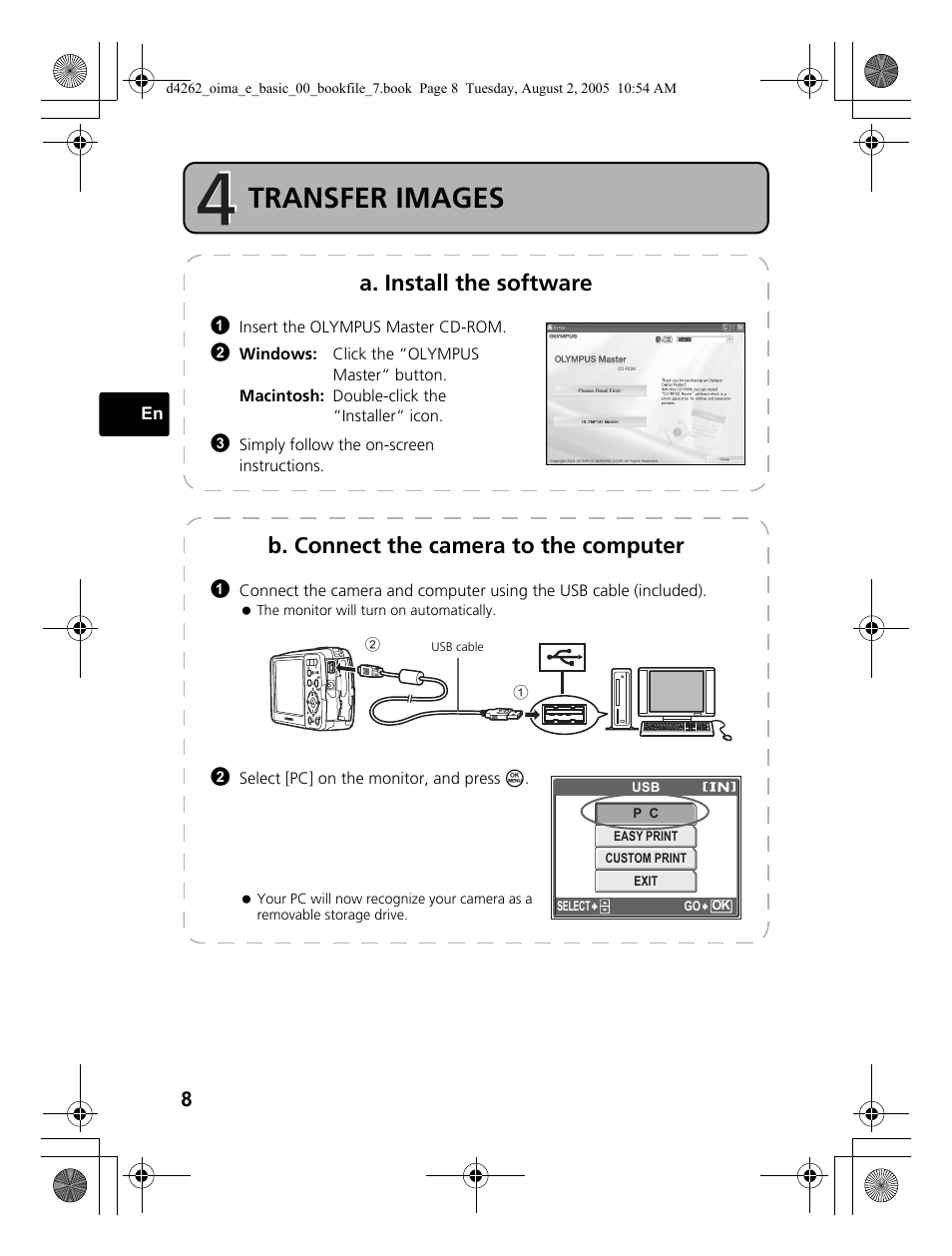 Step 4 transfer images, Transfer images, A. install the software | B. connect the camera to the computer | Olympus 600 User Manual | Page 8 / 84