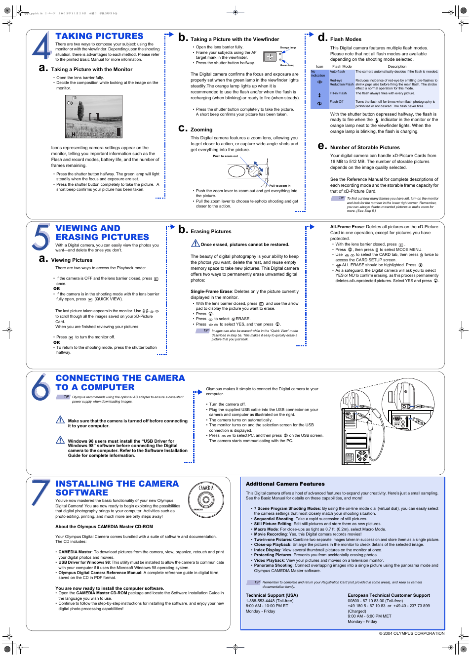 Viewing and erasing pictures, Taking pictures, Installing the camera software | Connecting the camera to a computer | Olympus C-460Zoom  EN User Manual | Page 2 / 2