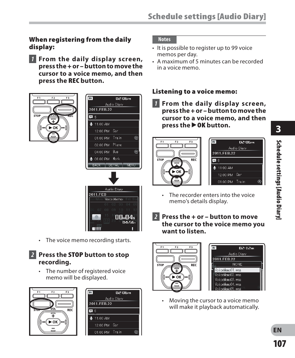 Schedule settings [audio diary | Olympus DM-2 User Manual | Page 107 / 187