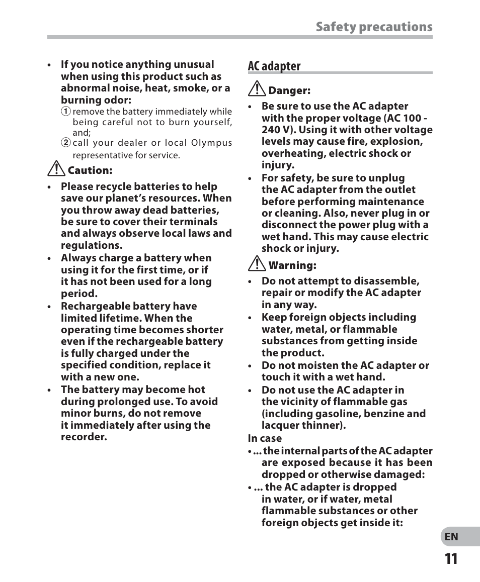 Ac adapter, Safety precautions ac adapter | Olympus DM-2 User Manual | Page 11 / 187