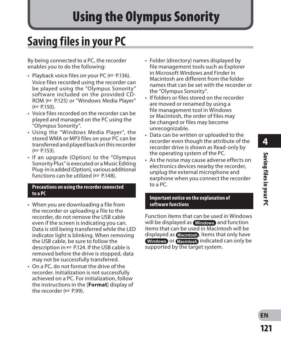 4 using the olympus sonority, Saving files in your pc, Using the olympus sonority | Olympus DM-2 User Manual | Page 121 / 187