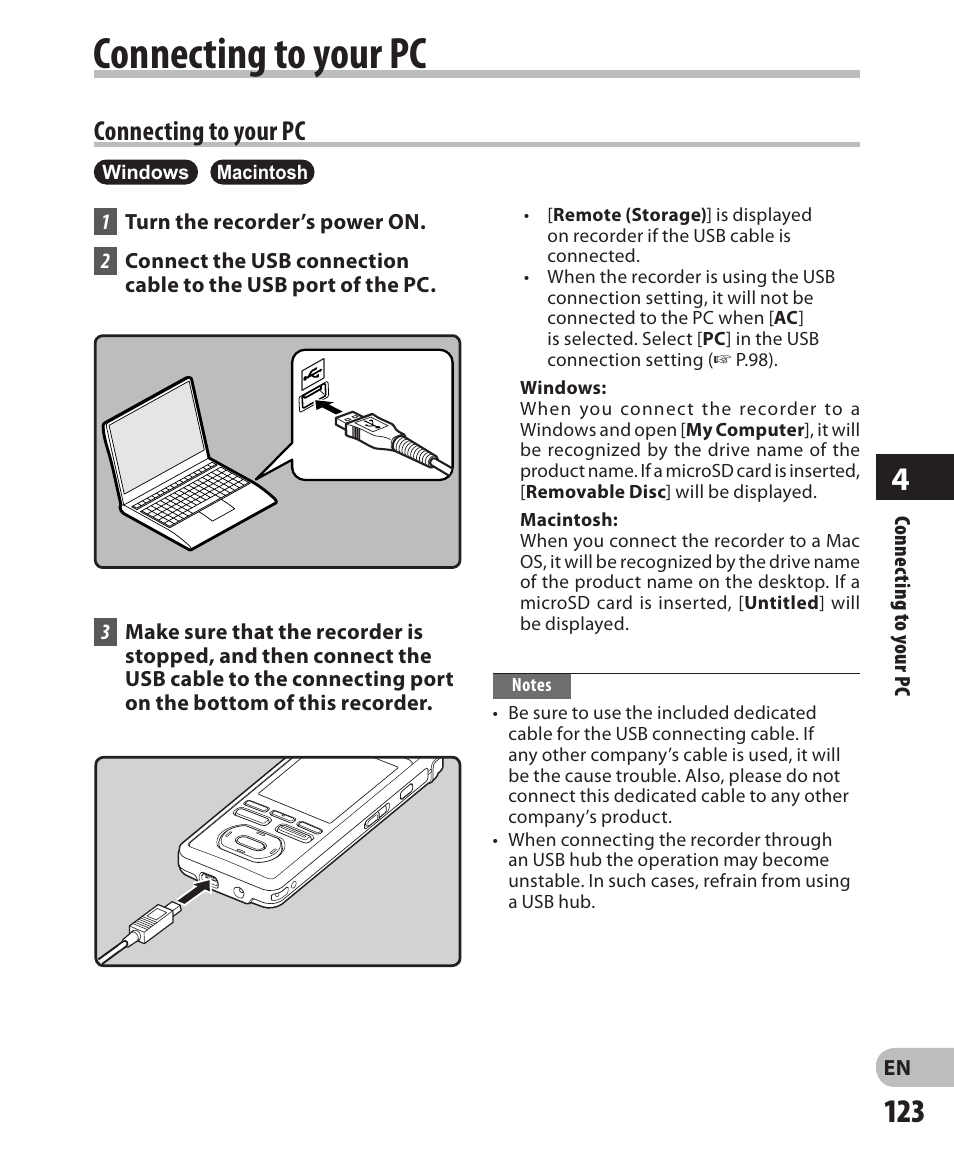 Connecting to your pc | Olympus DM-2 User Manual | Page 123 / 187