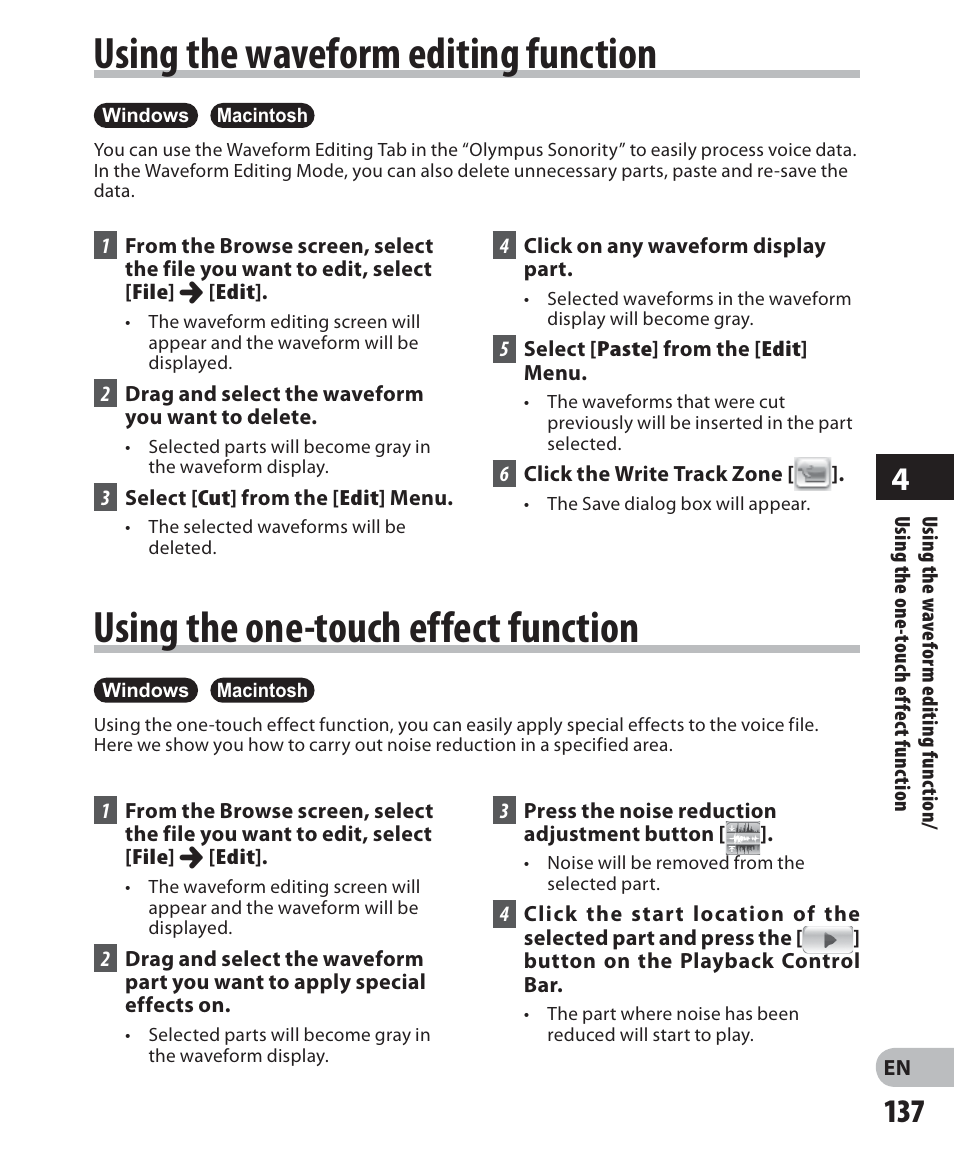 Using the waveform editing function, Using the one-touch effect function | Olympus DM-2 User Manual | Page 137 / 187