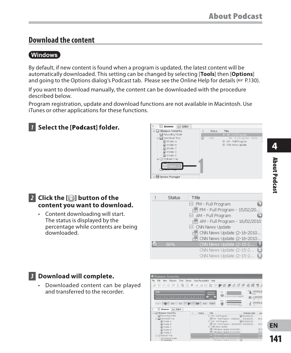 Download the content, About podcast | Olympus DM-2 User Manual | Page 141 / 187