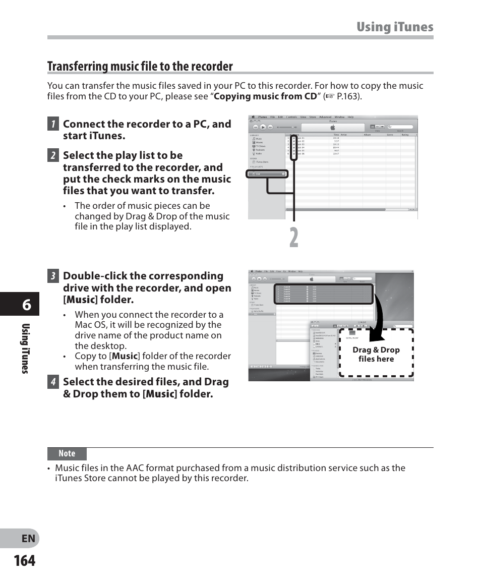 Transferring music file to the recorder, Using itunes | Olympus DM-2 User Manual | Page 164 / 187