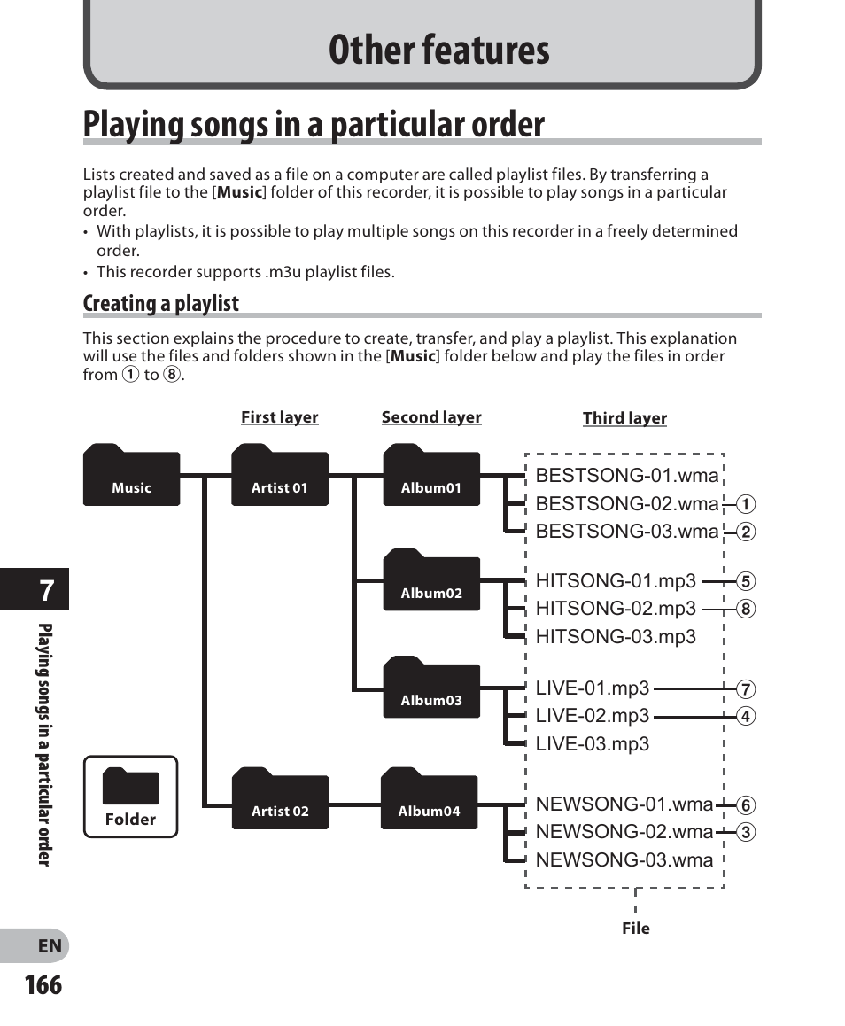 7 other features, Playing songs in a particular order, Creating a playlist | Other features | Olympus DM-2 User Manual | Page 166 / 187