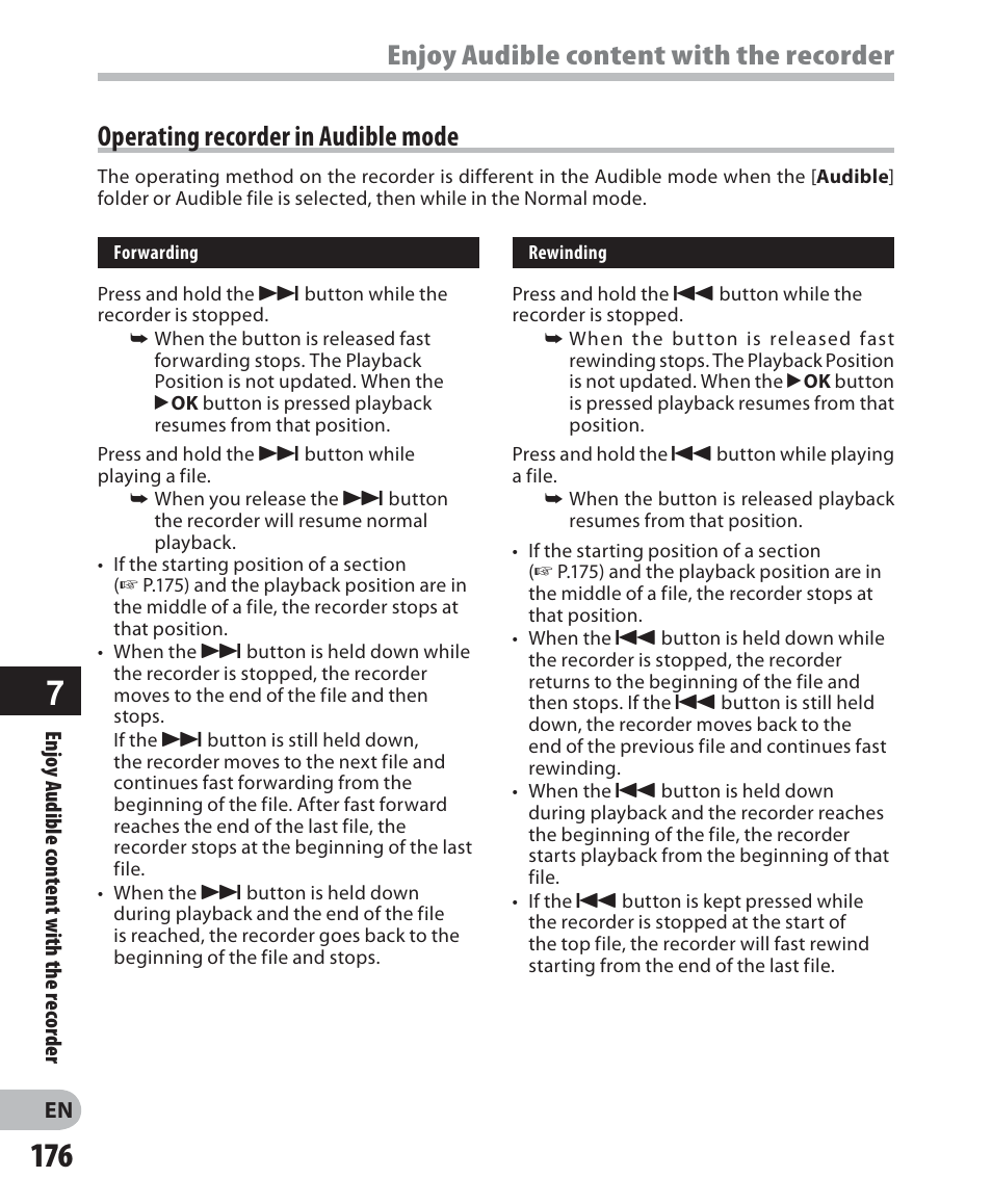 Operating recorder in audible mode, Enjoy audible content with the recorder | Olympus DM-2 User Manual | Page 176 / 187
