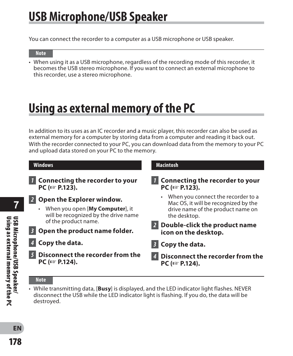 Usb microphone/usb speaker, Using as external memory of the pc | Olympus DM-2 User Manual | Page 178 / 187