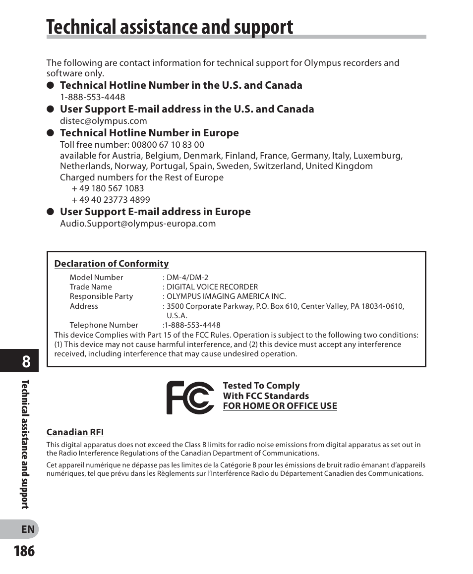 Technical assistance and support | Olympus DM-2 User Manual | Page 186 / 187